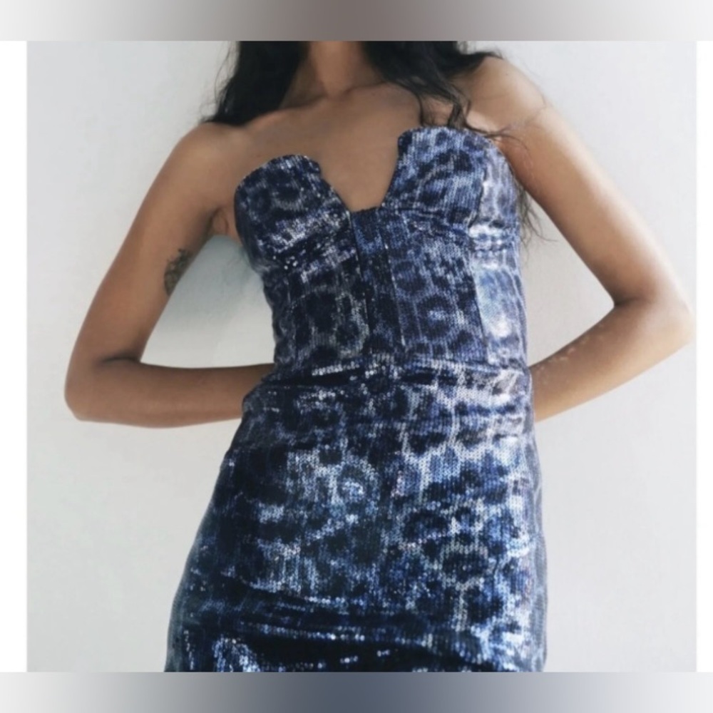 Zara Strapless Blue Velvet Leopard-Print Dress